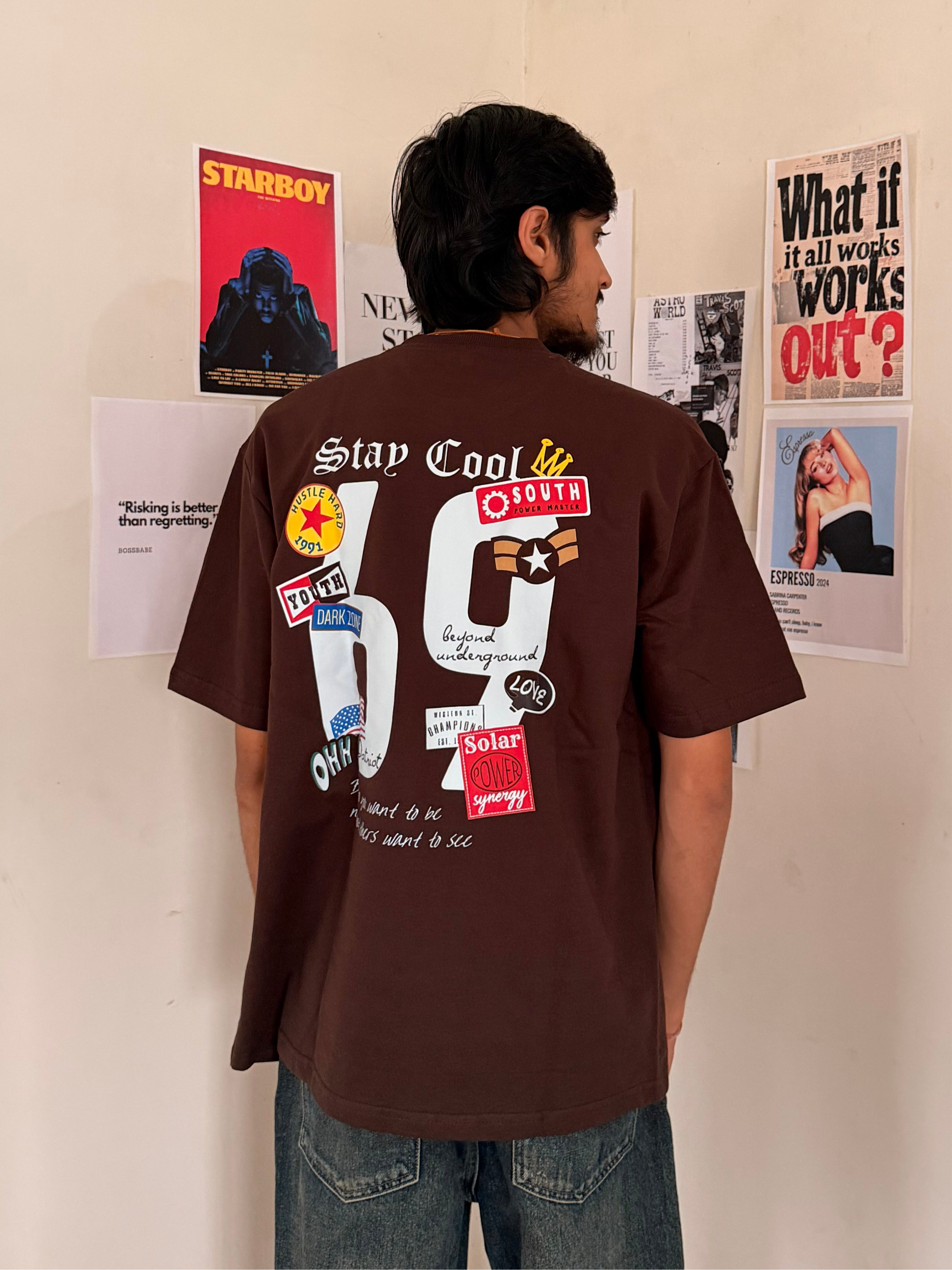 Brown Oversized Streetwear T-Shirt with Patch Graphic